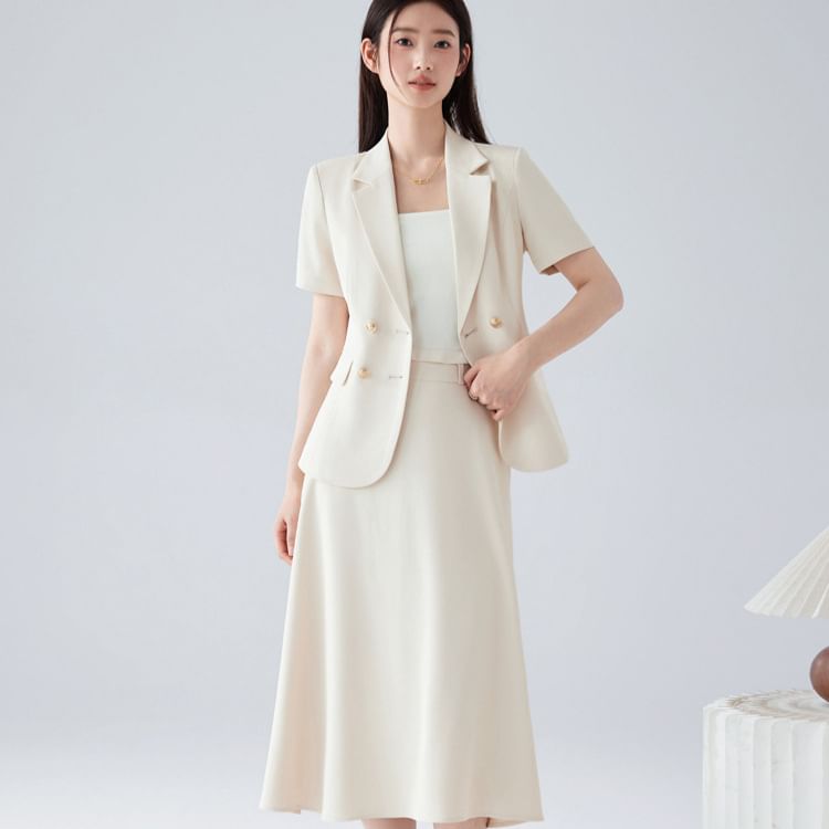 Short Sleeve Notch Lapel Blazer / Midi A-Line Skirt - Altfashion Shop