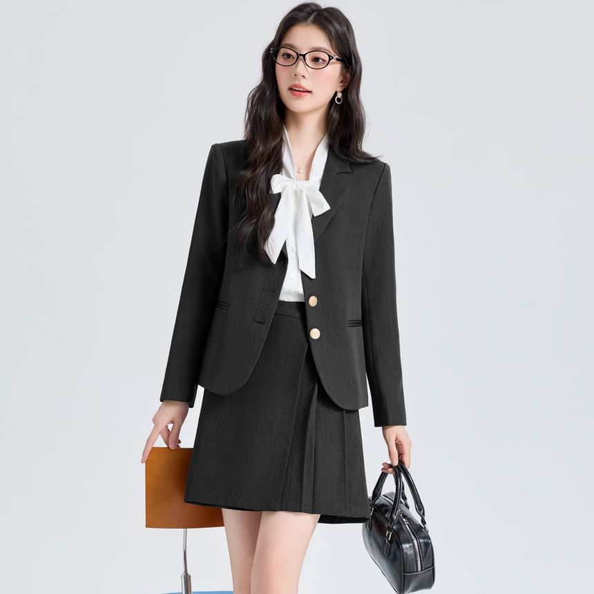 Notch Lapel Blazer + Pleated Mini Skirt + Tie Neck Blouse Set - Altfashion Shop