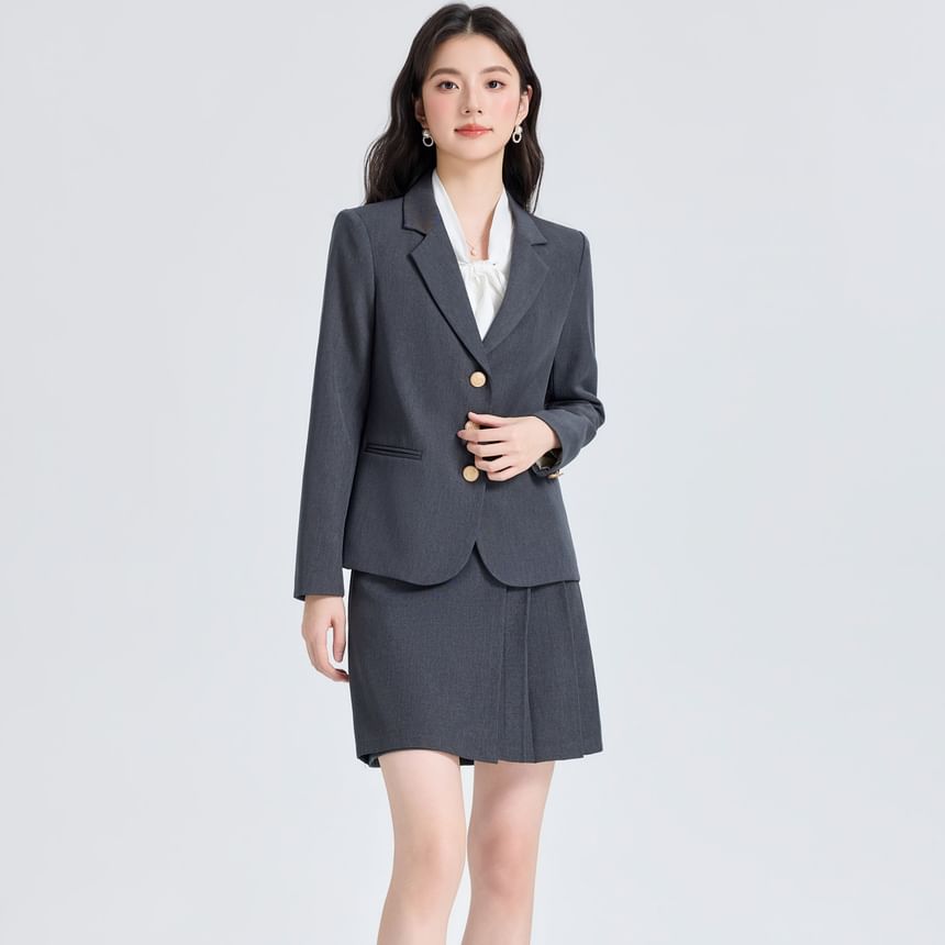 Notch Lapel Blazer + Pleated Mini Skirt Set - Altfashion Shop
