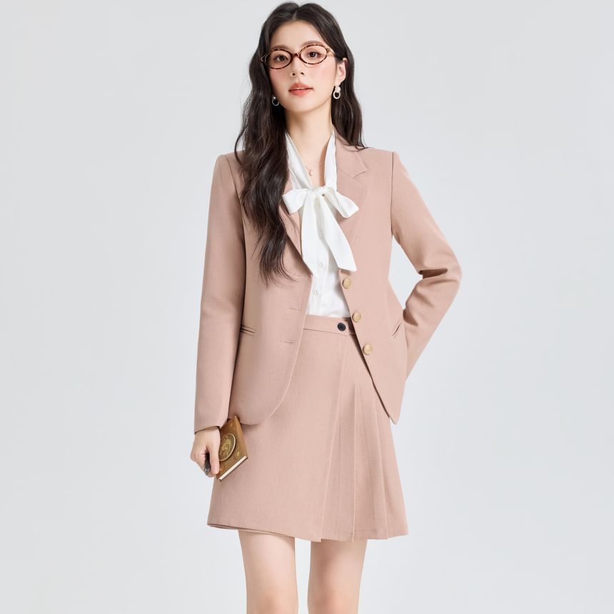 Notch Lapel Blazer + Pleated Mini Skirt Set - Altfashion Shop