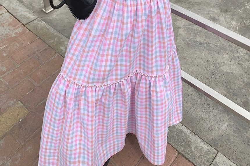 Plaid Tiered Maxi A-Line Skirt - Altfashion Shop