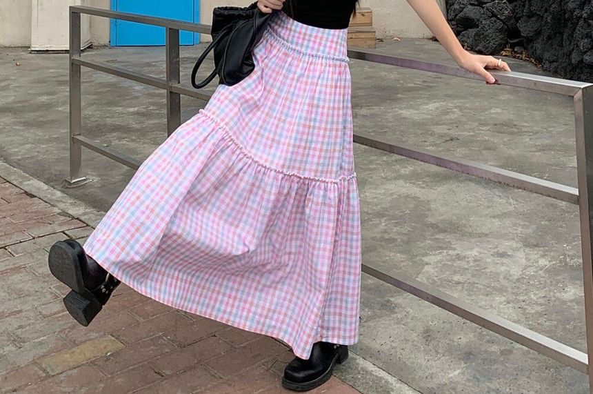 Plaid Tiered Maxi A-Line Skirt - Altfashion Shop