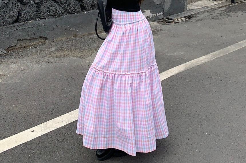 Plaid Tiered Maxi A-Line Skirt - Altfashion Shop