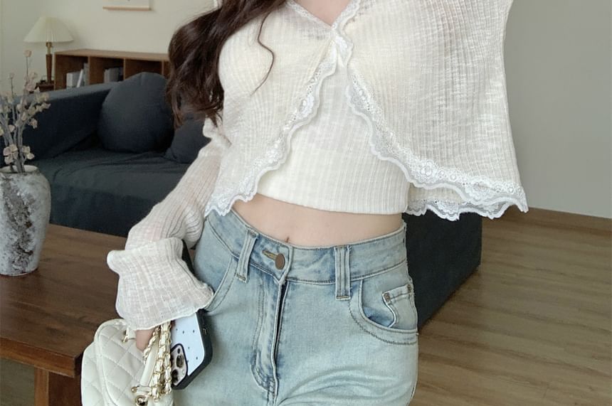 V-Neck Plain Ribbed Panel Lace Cardigan
