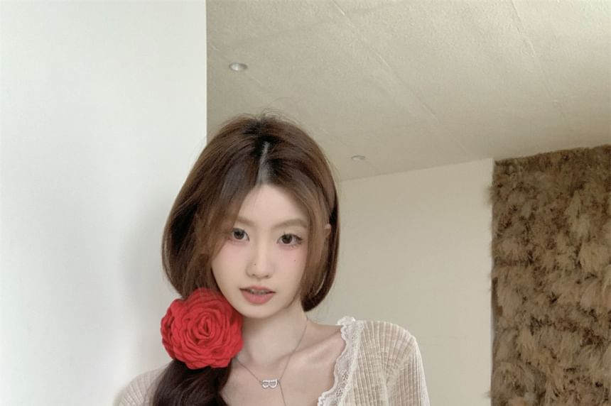 V-Neck Plain Ribbed Panel Lace Cardigan