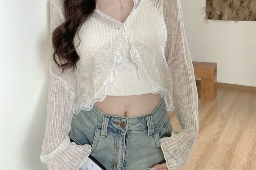 V-Neck Plain Ribbed Panel Lace Cardigan