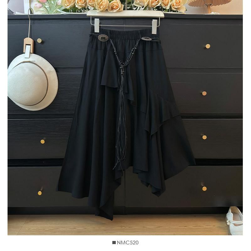 Ruffle Asymmetrical Midi A-Line Skirt - Altfashion Shop