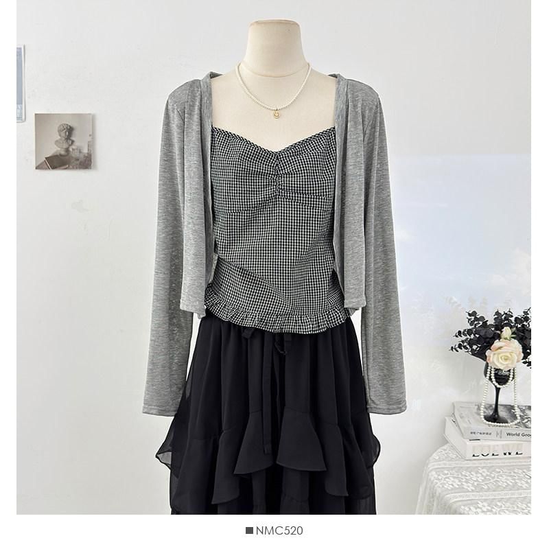 Set: Plain Cardigan + Plaid Ruffle Ruched Camisole Top