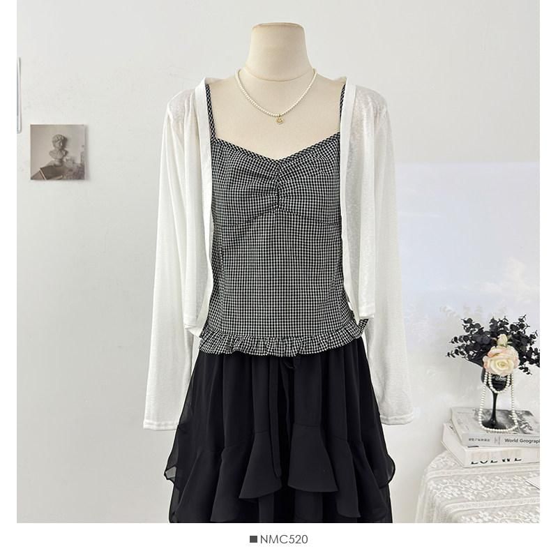 Set: Plain Cardigan + Plaid Ruffle Ruched Camisole Top