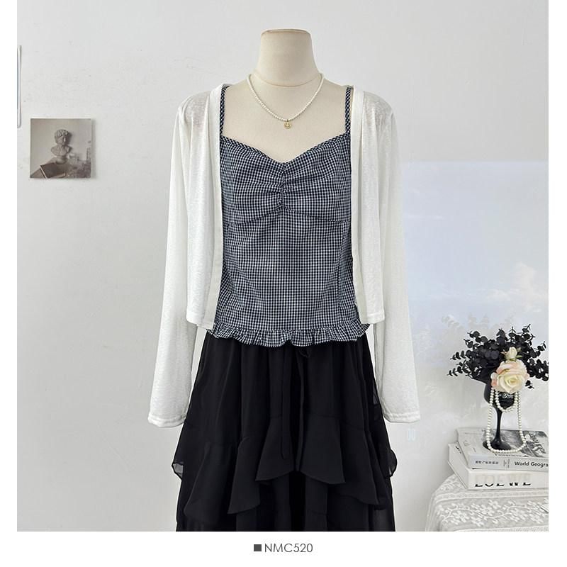 Set: Plain Cardigan + Plaid Ruffle Ruched Camisole Top