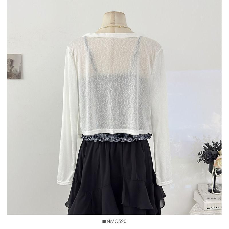 Set: Plain Cardigan + Plaid Ruffle Ruched Camisole Top