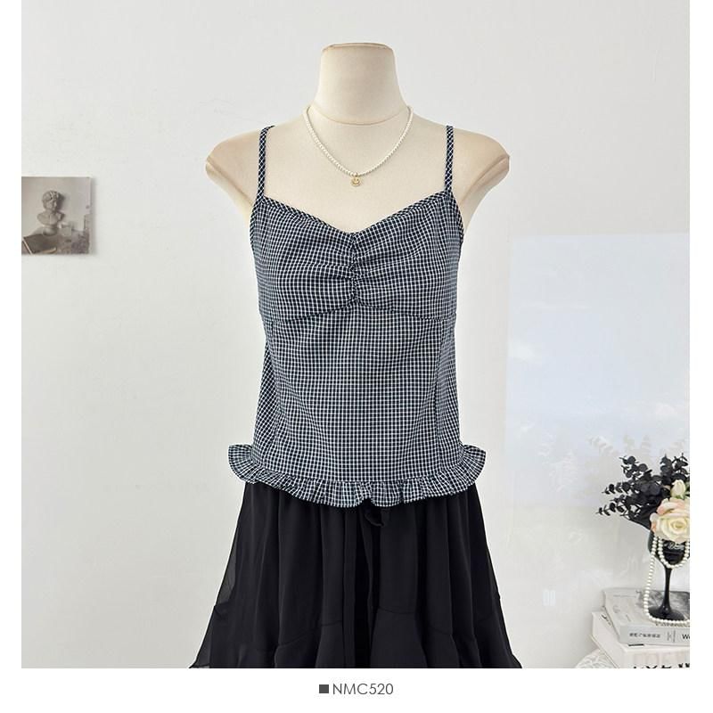 Set: Plain Cardigan + Plaid Ruffle Ruched Camisole Top