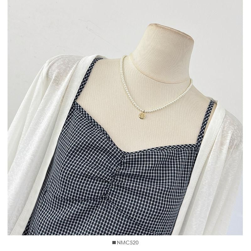 Set: Plain Cardigan + Plaid Ruffle Ruched Camisole Top