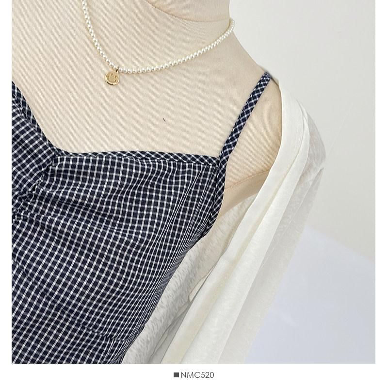 Set: Plain Cardigan + Plaid Ruffle Ruched Camisole Top