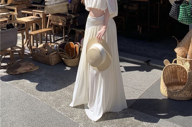 Flared-Sleeve Ruched Cropped Blouse / Low Rise Maxi Skirt - Altfashion Shop
