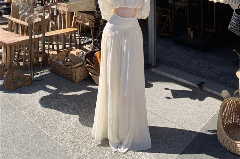 Flared-Sleeve Ruched Cropped Blouse / Low Rise Maxi Skirt - Altfashion Shop