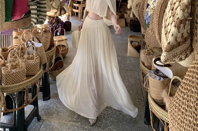 Flared-Sleeve Ruched Cropped Blouse / Low Rise Maxi Skirt - Altfashion Shop