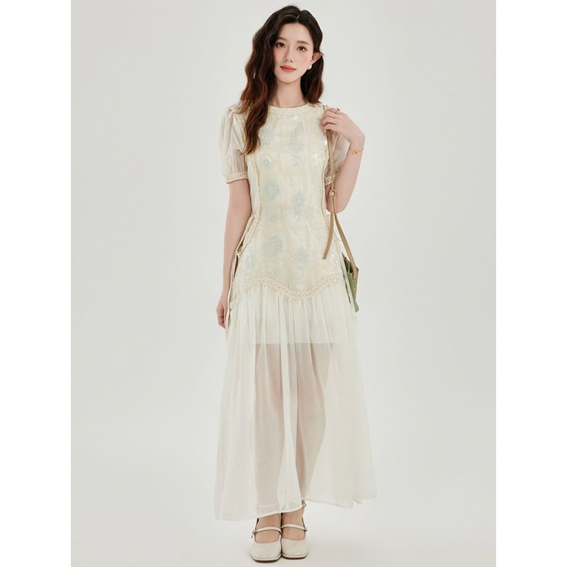Short-Sleeve Crewneck Lace Maxi A-Line Dress