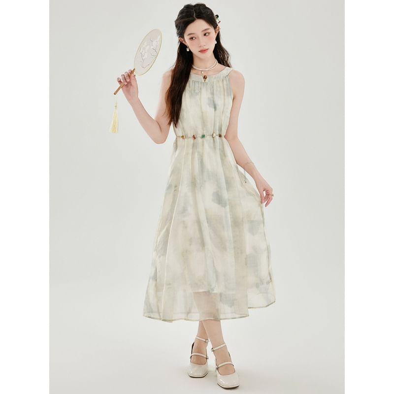 Perforated Crop Cardigan / Sleeveless Tie Dye Midi A-Line Dress / Set