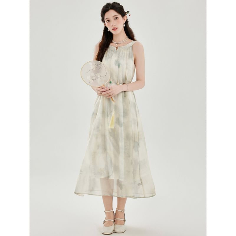 Perforated Crop Cardigan / Sleeveless Tie Dye Midi A-Line Dress / Set