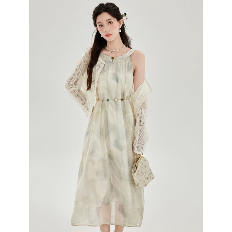 Perforated Crop Cardigan / Sleeveless Tie Dye Midi A-Line Dress / Set