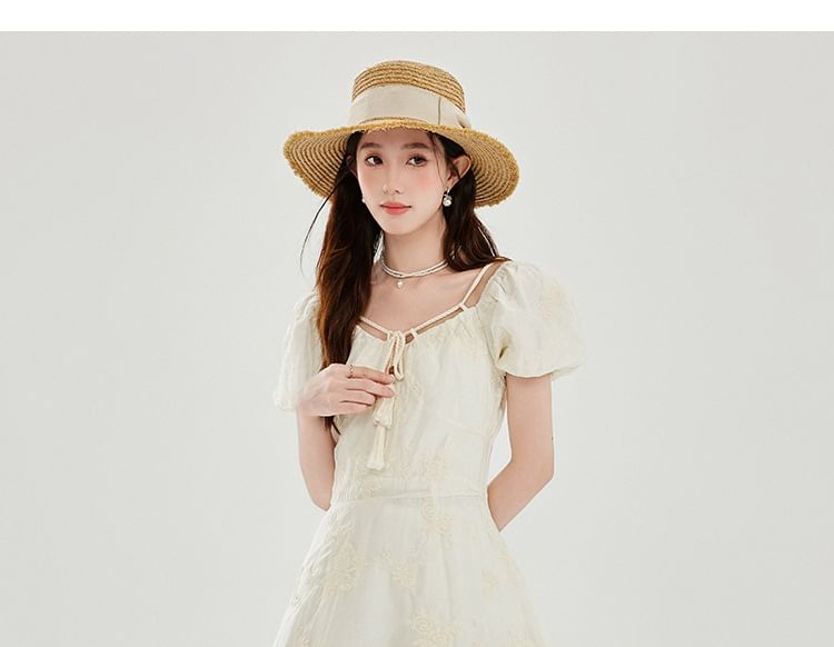 Short-Sleeve V-Neck Tasseled Plain Maxi A-Line Dress