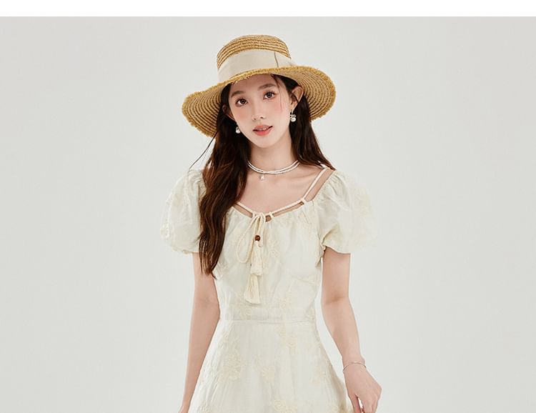 Short-Sleeve V-Neck Tasseled Plain Maxi A-Line Dress