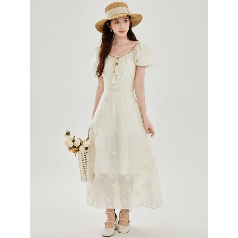 Short-Sleeve V-Neck Tasseled Plain Maxi A-Line Dress