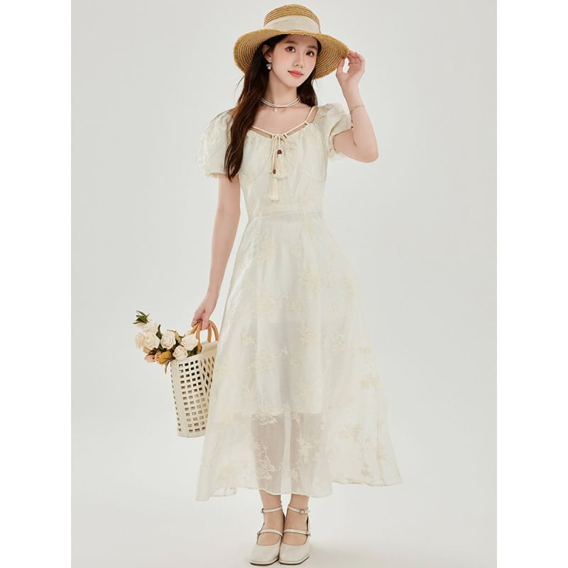 Short-Sleeve V-Neck Tasseled Plain Maxi A-Line Dress