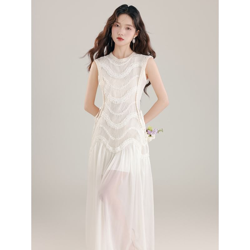 Sleeveless Crewneck Plain Maxi A-Line Dress