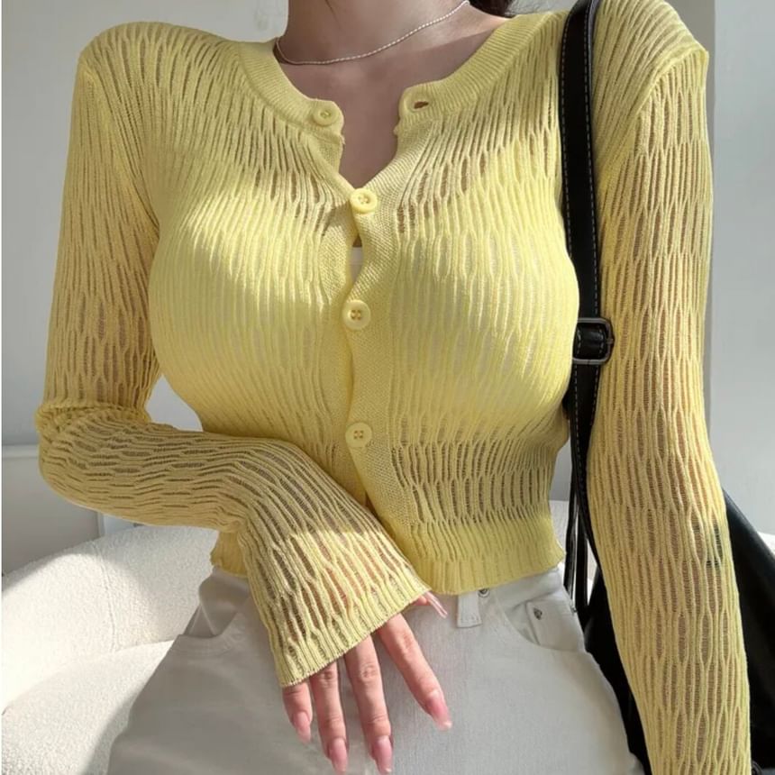 Plain Pointelle Knit Cropped Cardigan