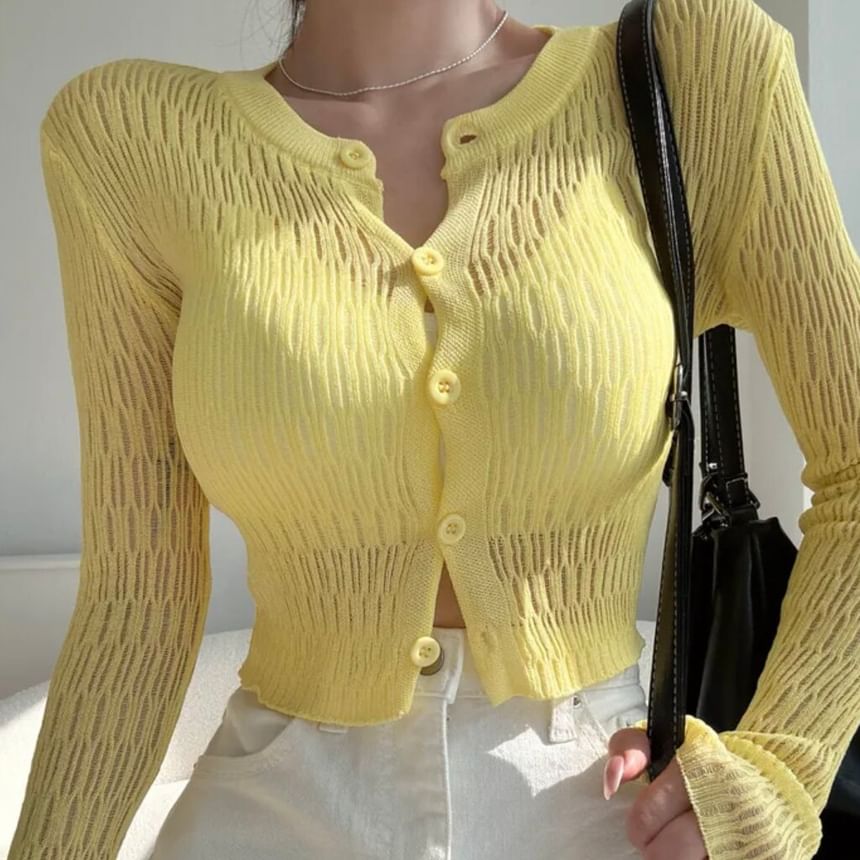 Plain Pointelle Knit Cropped Cardigan