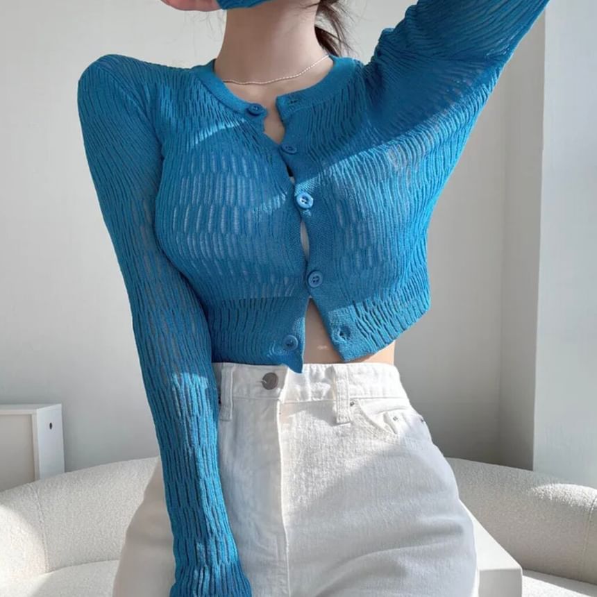 Plain Pointelle Knit Cropped Cardigan