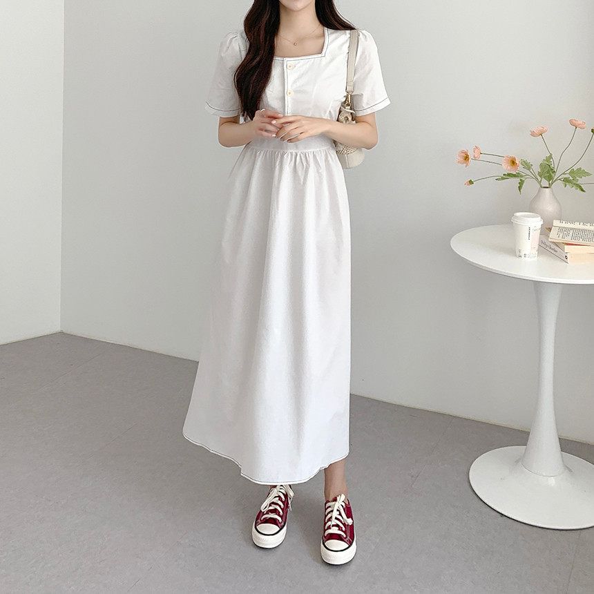 Short-Sleeve Square Neck Plain Contrast Stitching Maxi A-Line Dress