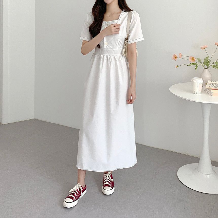 Short-Sleeve Square Neck Plain Contrast Stitching Maxi A-Line Dress