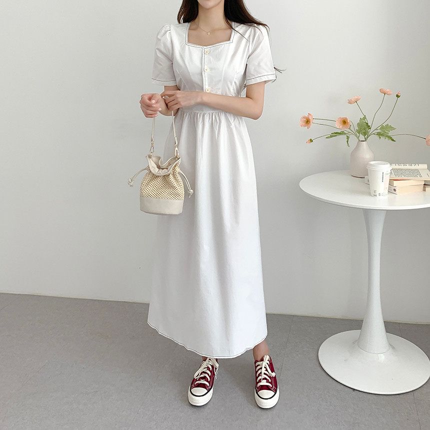Short-Sleeve Square Neck Plain Contrast Stitching Maxi A-Line Dress