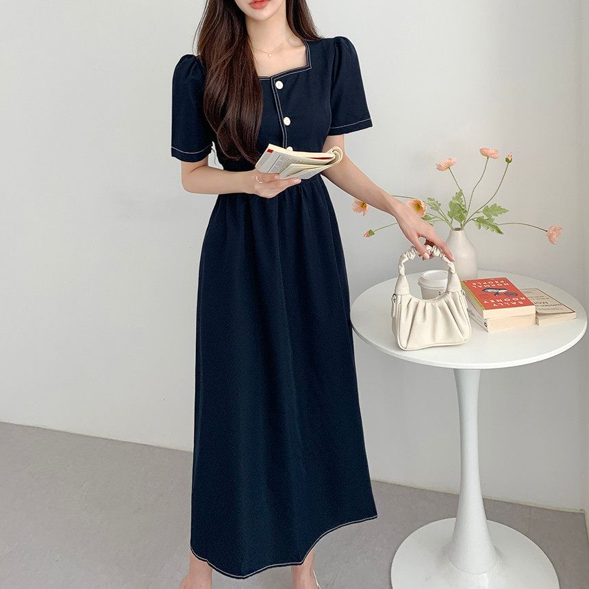 Short-Sleeve Square Neck Plain Contrast Stitching Maxi A-Line Dress