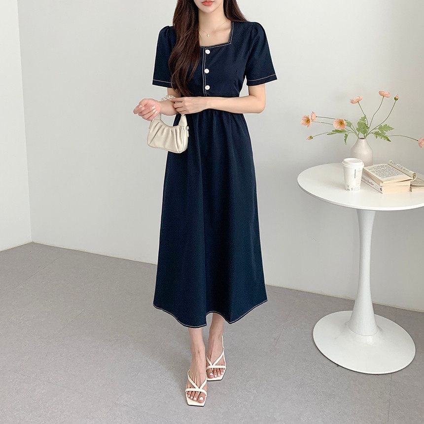 Short-Sleeve Square Neck Plain Contrast Stitching Maxi A-Line Dress