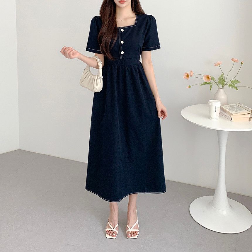 Short-Sleeve Square Neck Plain Contrast Stitching Maxi A-Line Dress