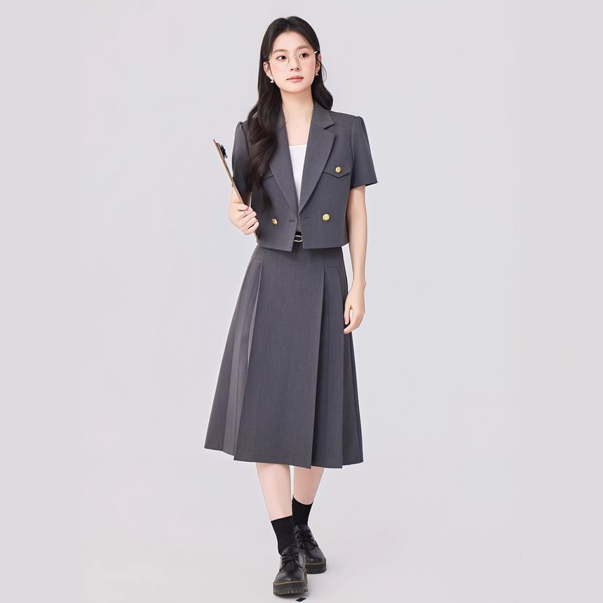 Short Sleeve Blazer / Pleated Midi Skirt - Altfashion Shop