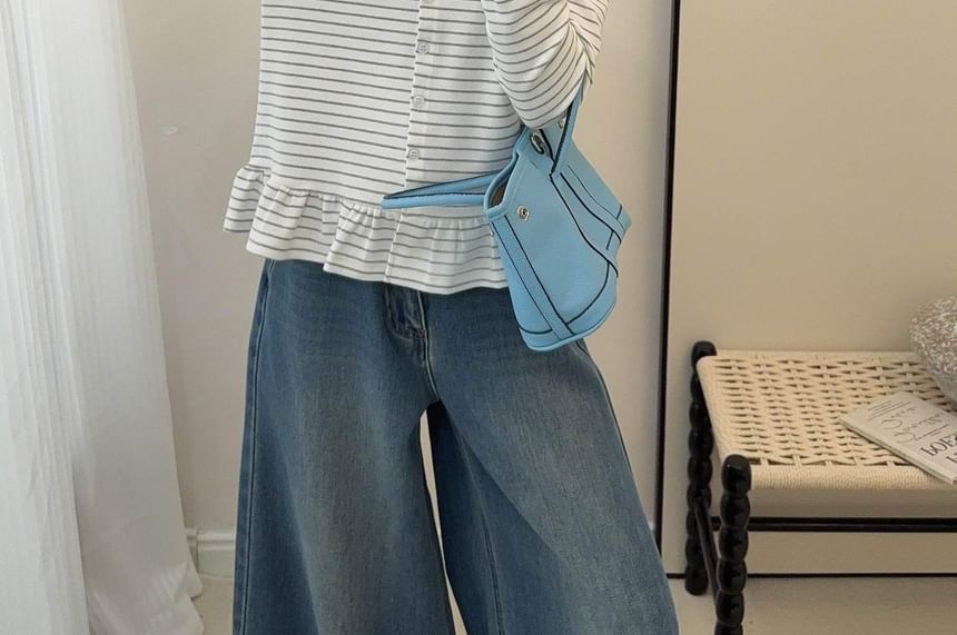 Crewneck Striped Ruffle Cardigan