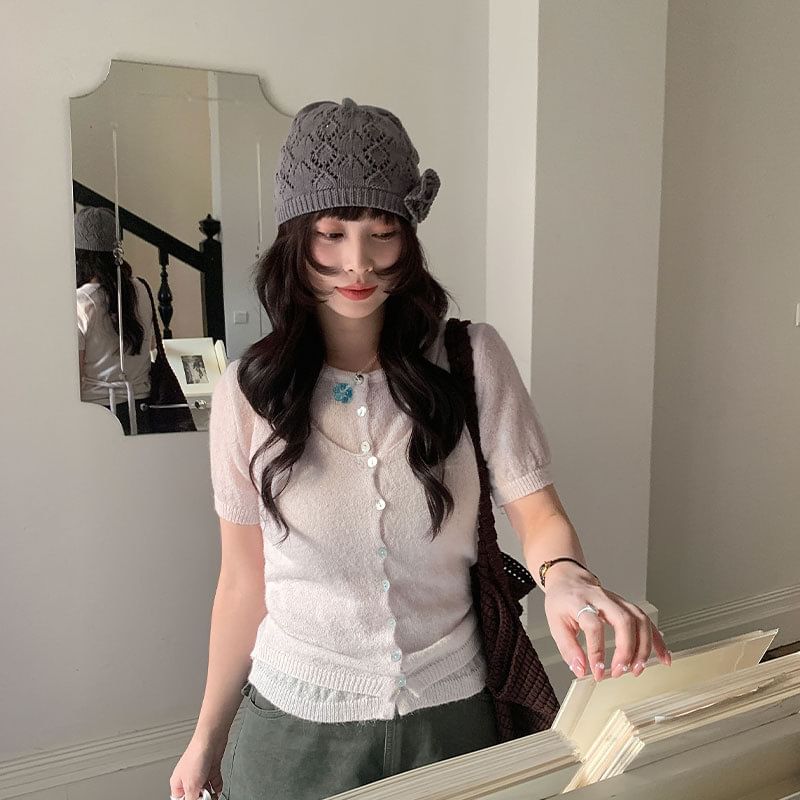 Set: Short-Sleeve Crew Neck Button-Up Plain Cardigan + Scoop Neck Tank Top