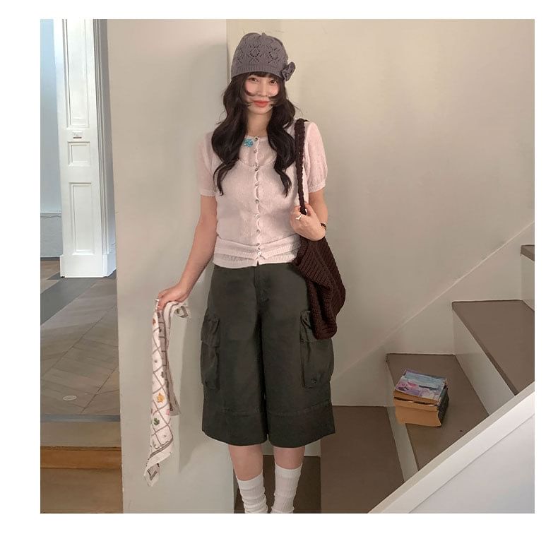 Set: Short-Sleeve Crew Neck Button-Up Plain Cardigan + Scoop Neck Tank Top