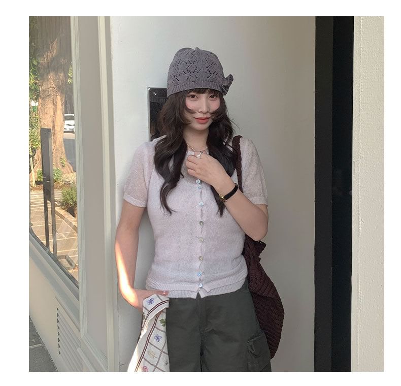 Set: Short-Sleeve Crew Neck Button-Up Plain Cardigan + Scoop Neck Tank Top