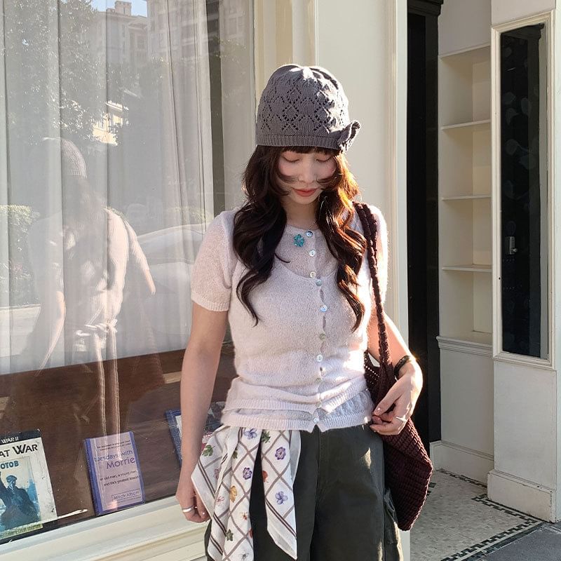 Set: Short-Sleeve Crew Neck Button-Up Plain Cardigan + Scoop Neck Tank Top