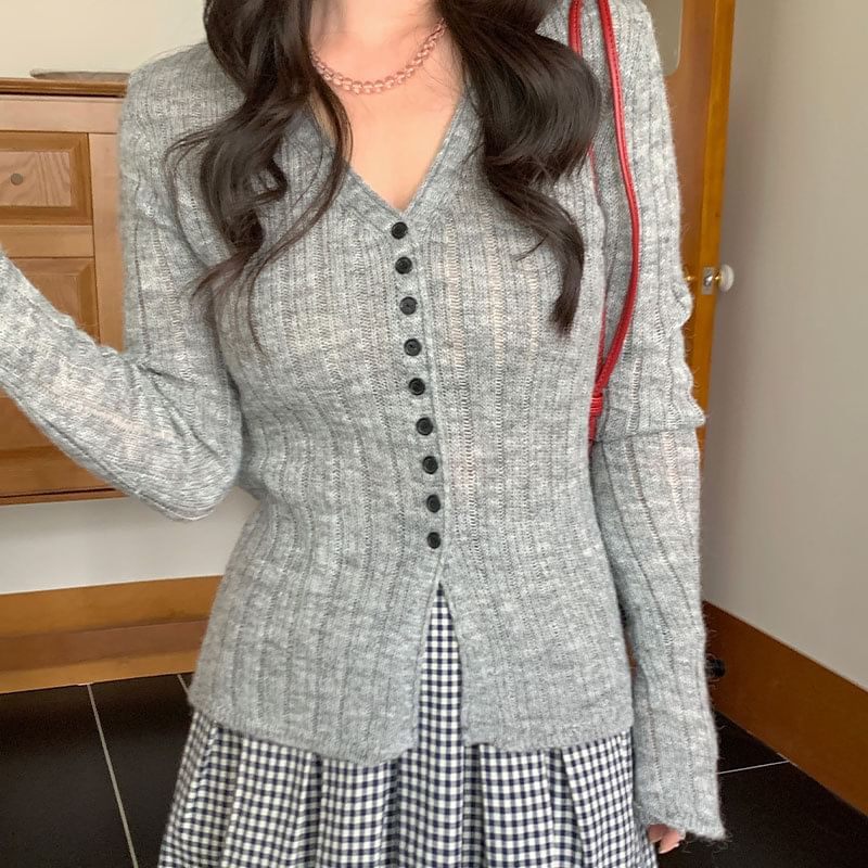V-Neck Button-Up Plain Slit Cardigan