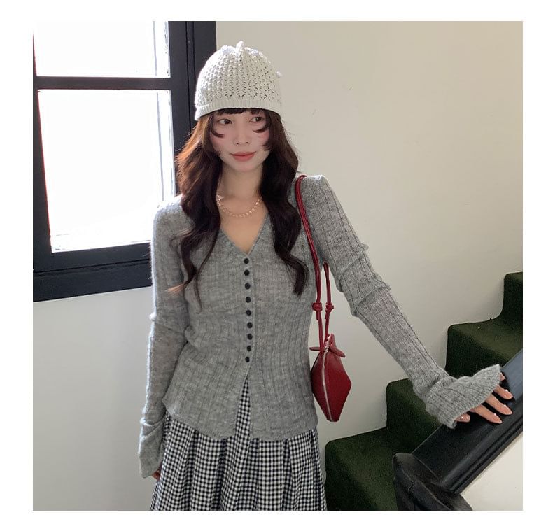 V-Neck Button-Up Plain Slit Cardigan