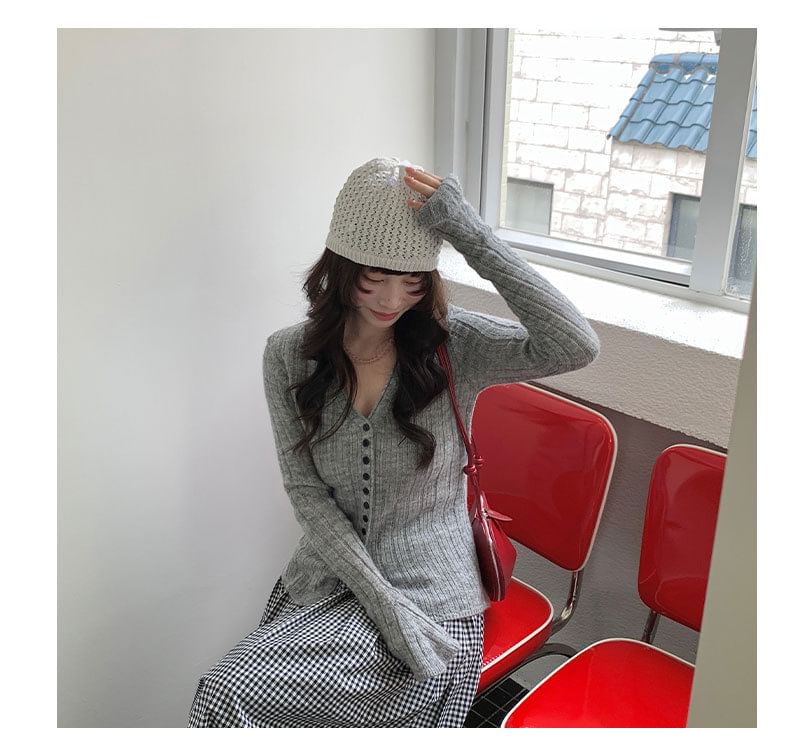 V-Neck Button-Up Plain Slit Cardigan