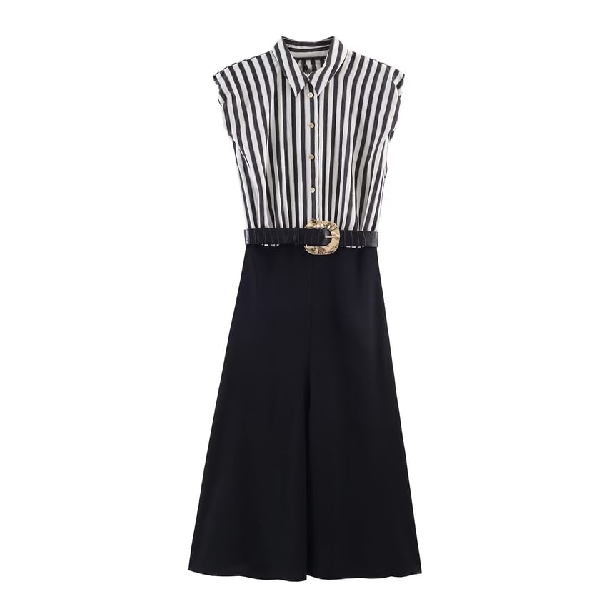 Set: Sleeveless Collared Striped Panel Button Maxi A-Line Dress + Belt