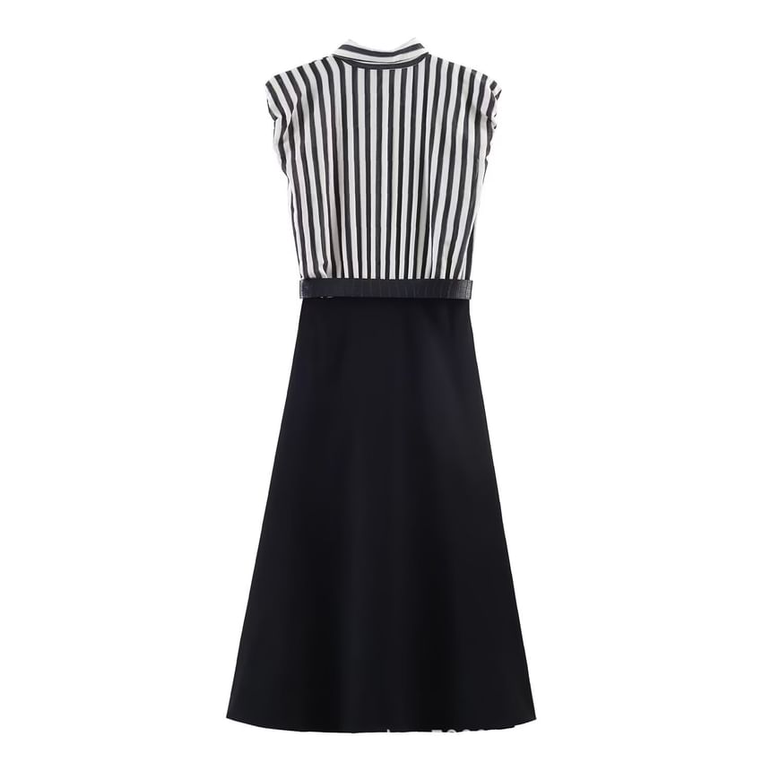 Set: Sleeveless Collared Striped Panel Button Maxi A-Line Dress + Belt